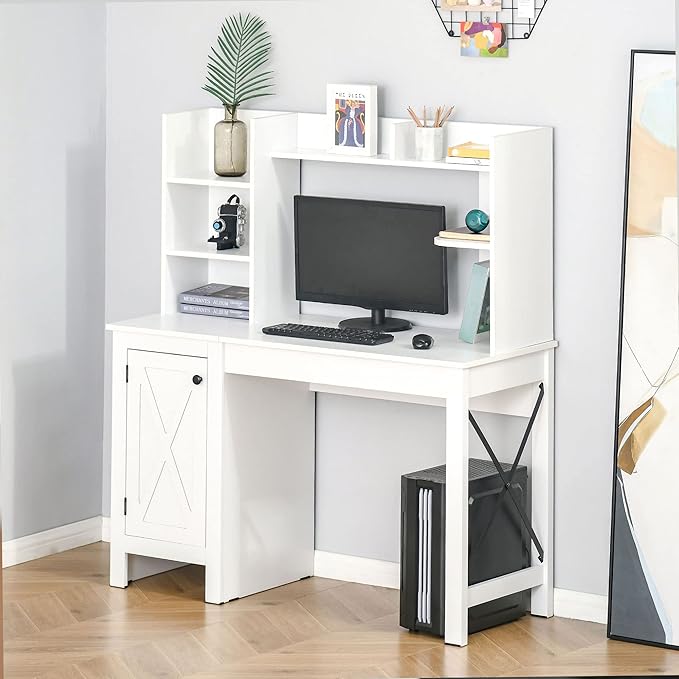 Farmhouse Computer Desk and Cabinet Home Office Desk with Storage for Study White