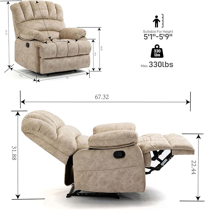 Modern Manual Recliner Chair for AdultsLazy Boy Recliner Chair Oversized Single Sofa with Footrest&ampAdjustable BackrestPocketsFabric (Beige)