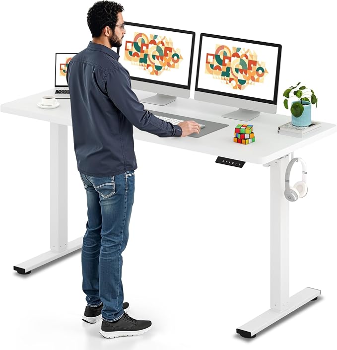 SANODESK Electric Standing Desk 60 x 24 Inches Whole-Piece Desktop Height Adjustable Stand Up Desk w/6-Button Controller Ergonomic Computer Desk for Home Office White Frame + White Tabletop