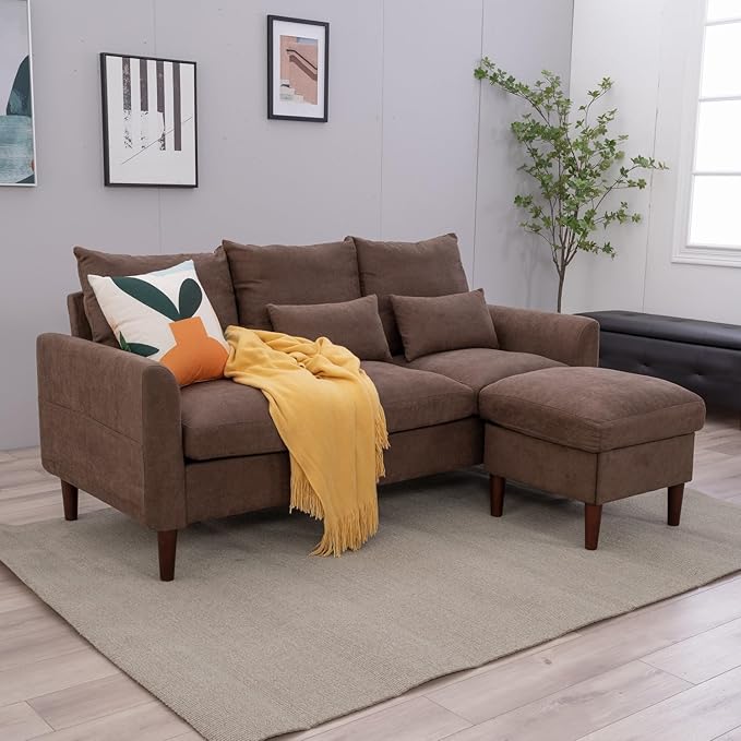 Panana 3 Seater with Footstool Chaise Small L-Shaped Corner Sofa Couch Armchair Furniture for Living Room Office (Brown Linen 3 Seater + Ottoman)