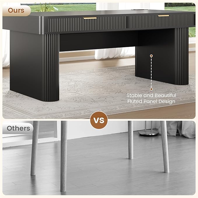 SEDETA Office Desk with 2 Drawers 59 Fluted Computer Desk with Storage and Power Strip Wood Executive Desk Writing Desk for Home Office Living Room Bedroom Black