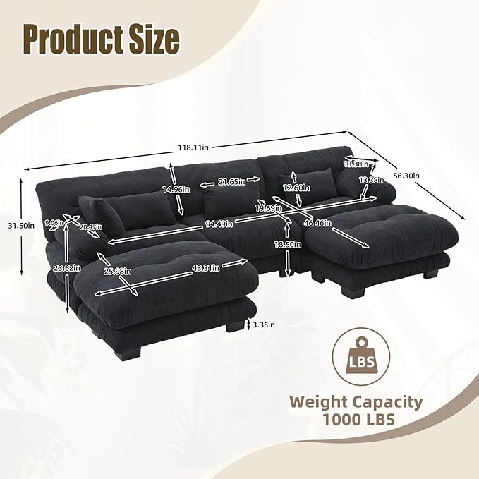 118 Oversized U Shaped Sectional Couch with 2 Ottomans Pelletized Velvet Cloud Couch with Bolster Armrest Pillows 3 Seater Comfy Sofa Modular Couches for Living Room (Black 118+2 Ottoman)