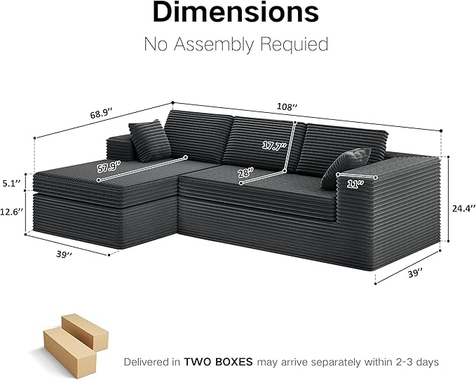Extra Firm 108” Cloud Boneless Couches for Living RoomModular Sectional Cloud Couch with Deep Seat High-Resilience Foam/Sag-Resistant/Keeps its Form No Assembly Required(Left-Facing Chaise) | Exten