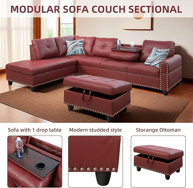 L Shaped Sectional Couch with Storage Ottoman Modern Nailhead Comfy Lounge Sofa with Reversible Cup Holder &amp Chaise 97 4 Seat Modular Sofá for Living Room Apartment Red