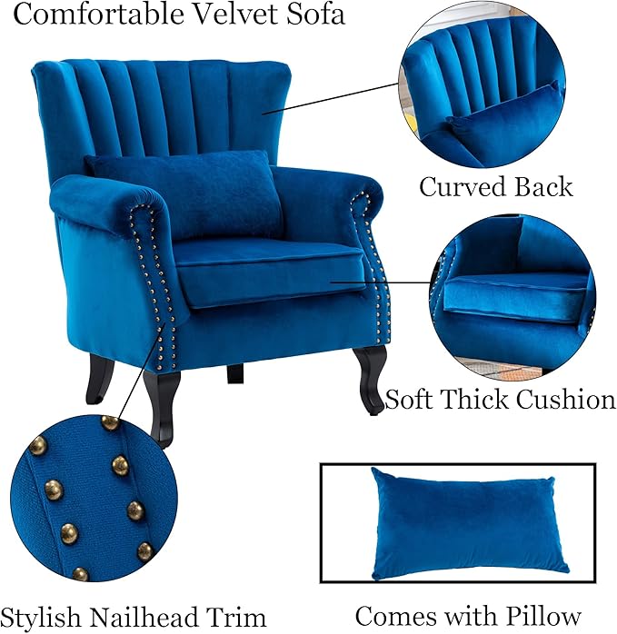 Accent Chairs Set of 2 with Arm Comfy Living Room Chair Mid-Century Modern Wingback Side Chair Velvet Single Sofa Couch for Bedroom Guest Room Blue