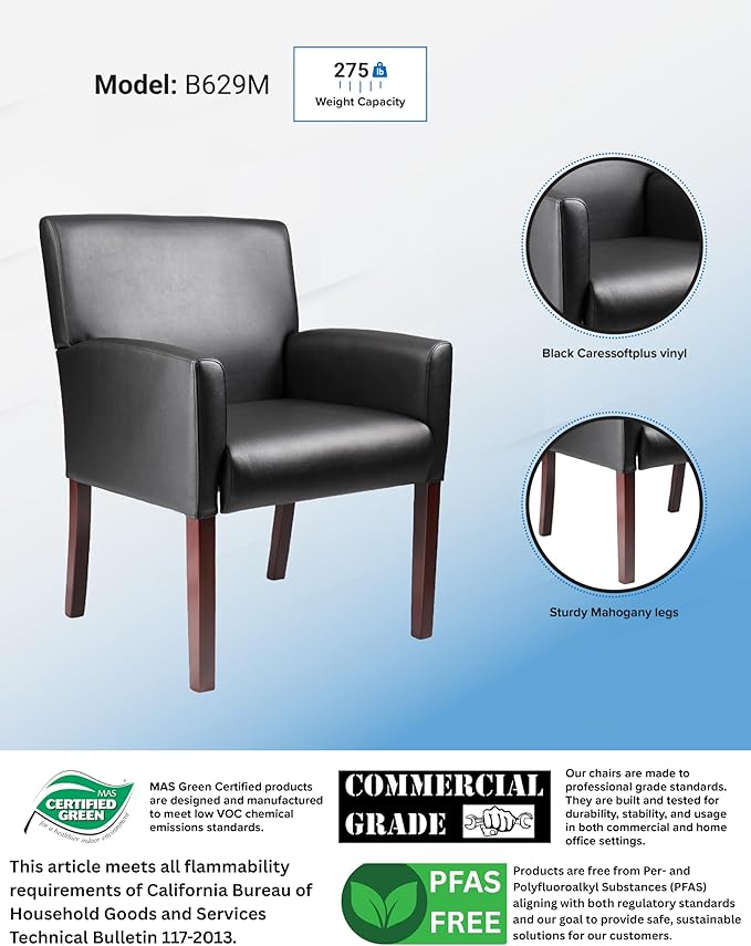 Boss Office Products Reception Box Arm Chair with Mahogany Finish in Black (B629M)