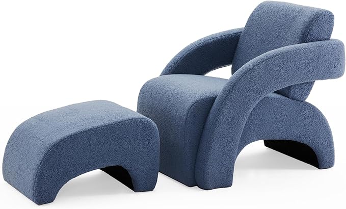 Soohow Upholstered Armchair with Ottoman – Plush Bouclé Fabric Curved Seat &amp Sled-Base Lounge Chair for Living Room Bedroom Study