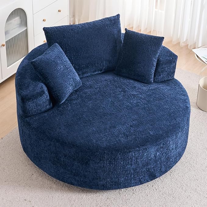Swivel Accent Barrel Chair Oversized Modern Akili Upholstered Sofa Lounge Club Leisure Chair Round Chair for Hotel Living Room (Navy Chenille)