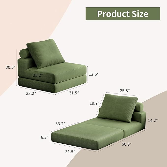 Folding Sofa Bed 3-in-1 Convertible Sleeper Chair Bed with Pillows Foldable Floor Couch with High-Density Foam Futon Small Boneless Couch for Living Room Bedroom Lounge Single Green