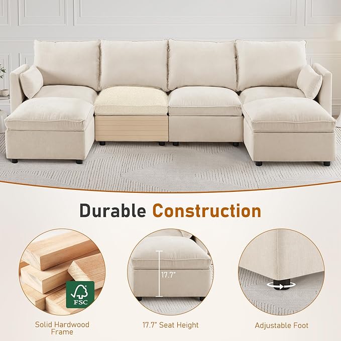 Furnimart 110.6 Modular Sectional Sofa with Full Seat Storage U-Shaped 6-Seater Deep Seat Couch with Chenille Fabric Sectional with 2 Movable Ottomans for Living Room Beige