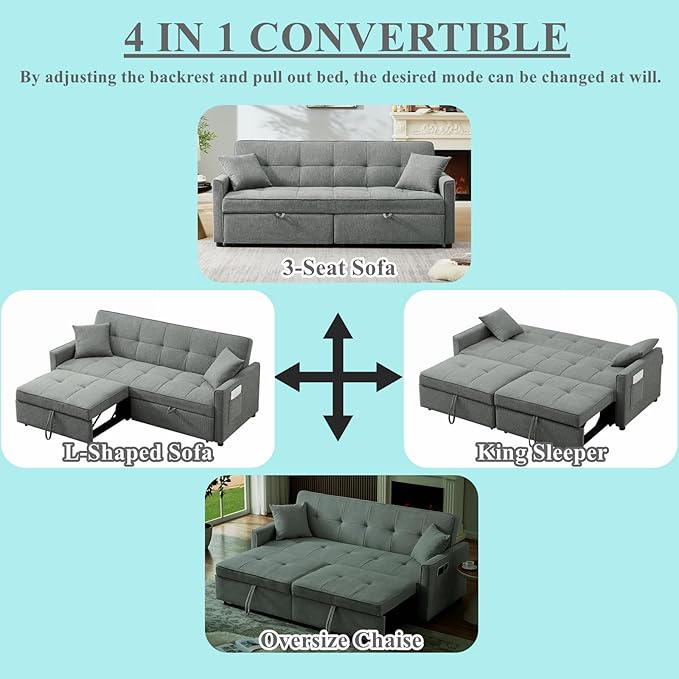 King Size Pull Out Sofa Bed 4-in-1 Convertible Sofa Bed Couch Chenille 3 Seaters Sofa Sleeper with Dual Pull Out Bed &amp Adjustable Backrest for Living Room Gray