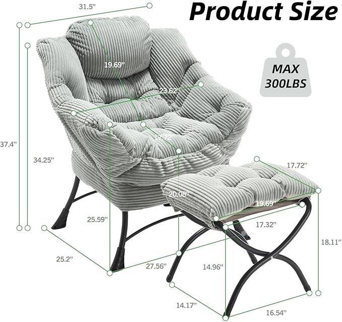 Ergonomic Modern Lazy Chair with Ottoman - Comfy Upholstered Lounge Reading Armchair with Footrest Space-Saving Accent Chair for Living Room Bedroom Office (Light Green)