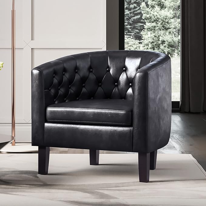 BELLEZE Black Accent Chairs for Living Room Set of 2 Elegant Arm Chairs Upholstered Tufted Barrel Chairs Club Chairs for Bedroom with Sturdy Legs and Faux Leather - Berlinda (Black)