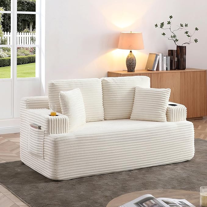 Loveseat Sofa Cloud Boneless Couch Corduroy Upholstered Deep Seat Beanbag Sofa Chair with Cup Holder &ampSide Pocket Modern Comfy Compression Memory Foam Couch for Living Room Bedroom(66.5 W Bei
