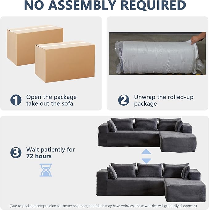 107 Modular Sectional Couch with L-Shape ChaiseBoneless Sofa for Living RoomModern Cloud Couch with Deep SeatNo Assembly RequiredLovesetGrey(Right Facing Chaise)