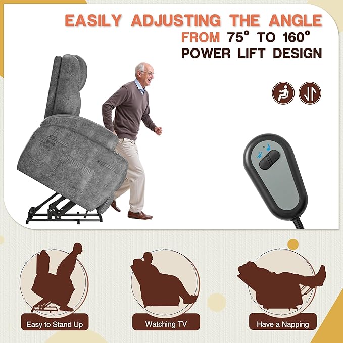 Electric Power Lift Recliner Chair with Massage for Elderly Corduroy Fabric Recliner Single Sofa with Cup Holders Side Pockets and Remote Control for Living Room Bedroom (Leathaire Light Gray)