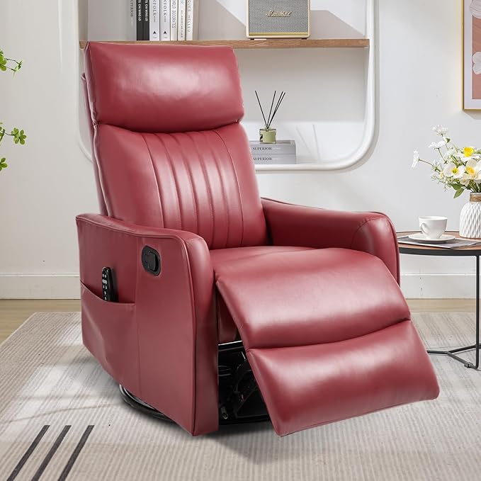 Swivel Rocker Recliner Chair 360° Swivel Recliner with Heat and Massage Rocker Recliner Nursery Glider Chair with Side Pockets for Living Room (Red Faux Leather)
