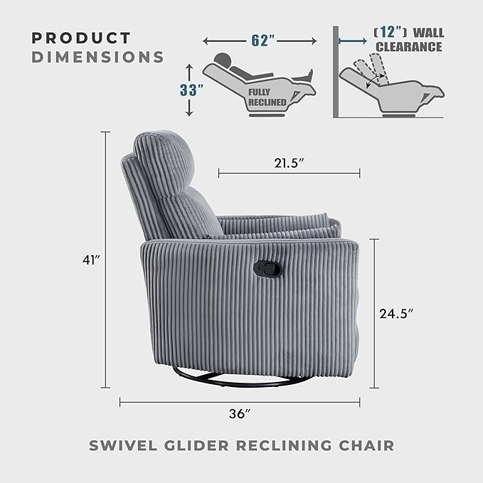 Lexicon Modern Swivel Glider Recliner Chair Nursery Glider Corduroy Fabric Upholstery Recliner with 2 Lumbar Pillows Manual Reclining Sofa Chair for Living Room/Office/Apartment Grey