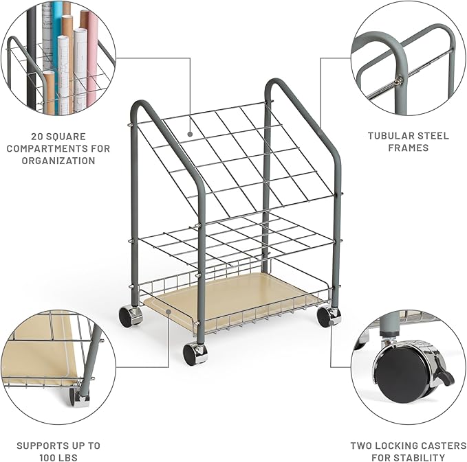 Pemberly Row Tubular Steel Wire Roll File 20 Compartments Chrome Plated Grids Light Gray Finish 18 3/8 W x 14.25 D x 23 3/8 H Twin Wheel Casters Lightweight Organizer for Drawings or Plans
