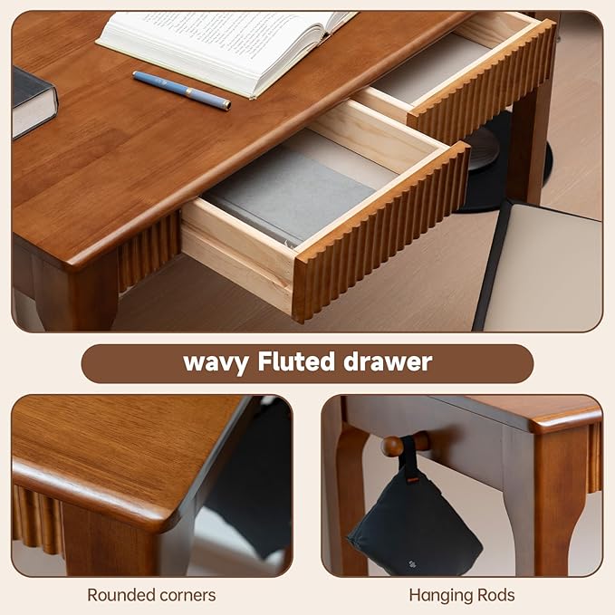 39.4'' Solid Wood Desk with Drawers Mid Century Modern Home Office Desk Vintage Wooden Writing Desk with Storage and Hooks Dark Wood Computer Table for Bedroom Study (Walnut)