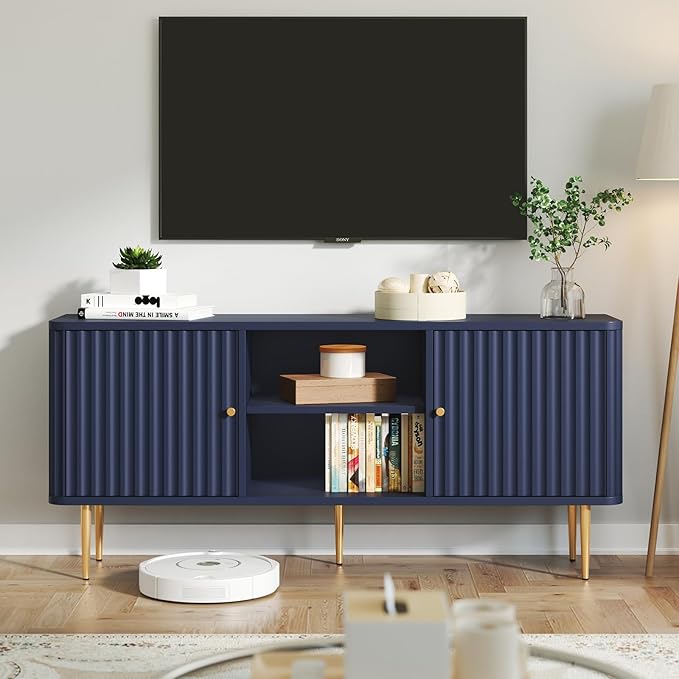 ARTPOWER 55” Fluted TV Stand Mid Century Modern Blue TV Stand for 55/60/65 inch TV Entertainment Center with Storage Television Stands TV Console Media Console for Living Room Bedroom (Blue)