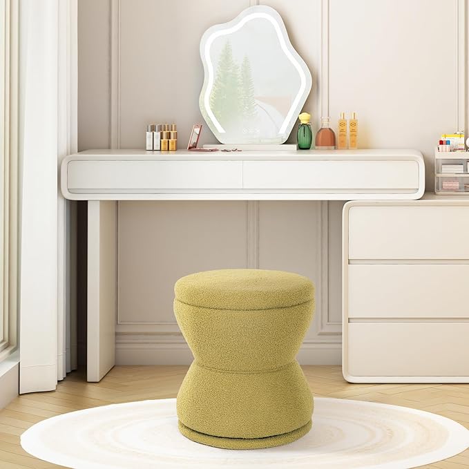 Round Ottoman with Storage 360°Swivel Vanity Stool Chiar with Wooden Frame Small Makeup Chair Comfy Foot Stool with Thick Padded for Living Room Bedroom Entryway