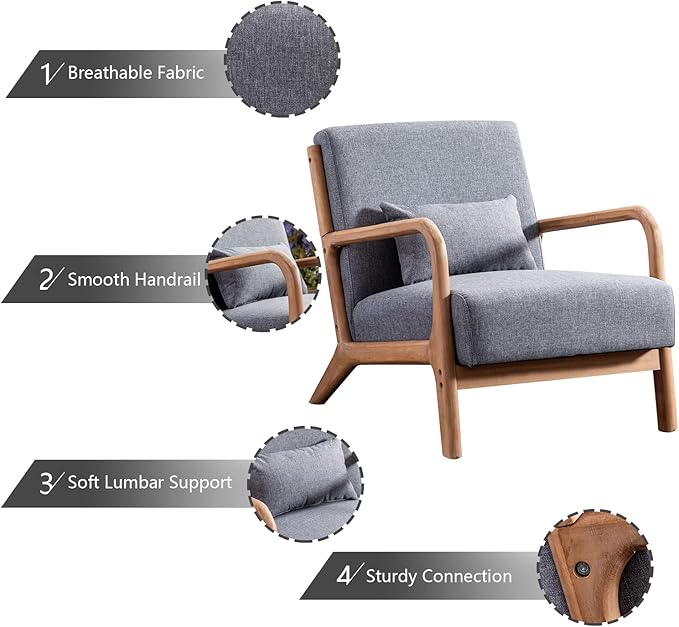 INZOY Mid-Century Modern Accent Chair Set of 2 Dark Grey Living Room Chairs with Waist Cushion Upholstered Reading Armchair for Bedroom Sunroom