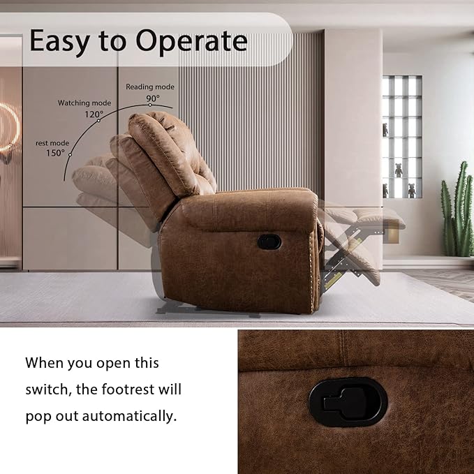 INZOY Leather Recliner Chair Heavy Duty Manual Reclining Sofa Single Lounge Sofa for Living Room Home Theater Seating Light Brown
