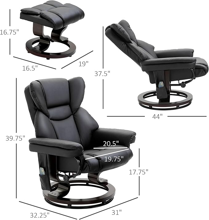 Massage Recliner Chair with Ottoman 10 Vibration Massage Points 360° Swivel Black Faux Leather Living Room Chair