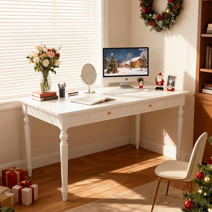 48in Rubber Wood Desk with Two Drawers French Home Office Writing Tables with Storage Multi-Functional Wood Vanity Study Desk for Bedroom Living-Room White
