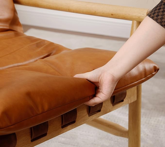 Faux Leather Accent Chair Mid Century Modern Living Room Chairs Comfy Arm Chair with Solid Wood Frame Upholstered Lounge Reading Chair Cozy Recliner for Guest Room/Bedroom Brown 7533AC