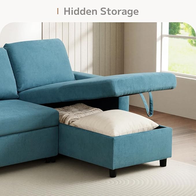 L-Shaped Sleeper Sofa with Chaise Lounge &amp Storage Pull-Out Couch Bed with Recliner Full Size Futon for Living Room Office Apartment Teal