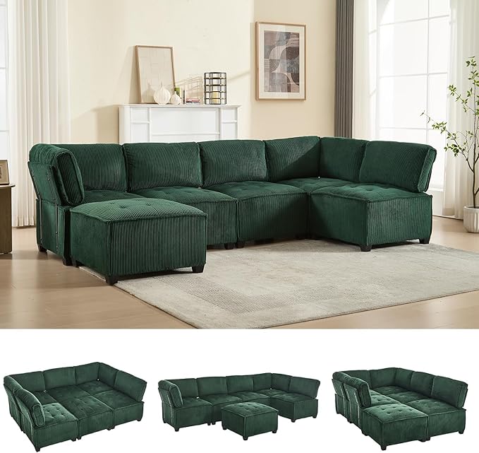 121 Inch Cloud Oversized Modular Sectional Sofa U Shaped Modular Couch with Reversible Chaise Comfy 6 Seat Convertible Sectional Sofa with Ottoman for Living Room-Emerald Green