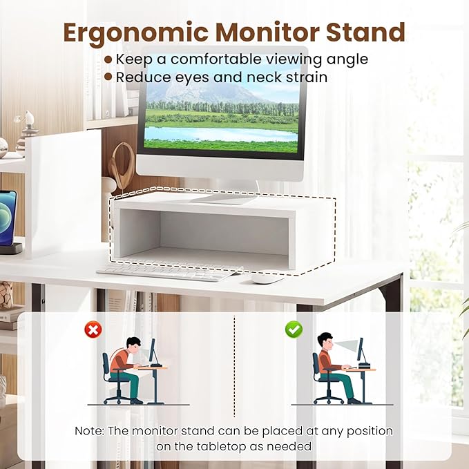 Tangkula Computer Desk with Charging Station 43.5 Study Desk with Ergonomic Monitor Stand &amp Storage Shelves Corner Writing Desk with Metal Frame Modern Home Office Computer Workstation