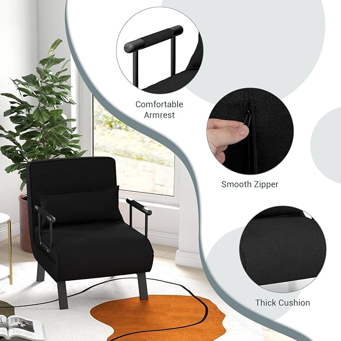 POWERSTONE Convertible Sleeper Chair Bed 4 in 1 Living Room Reading Chair with Pillow Wide Cushion Arm and Adjustable 5 Position Backrest Single Sofa Bed Black