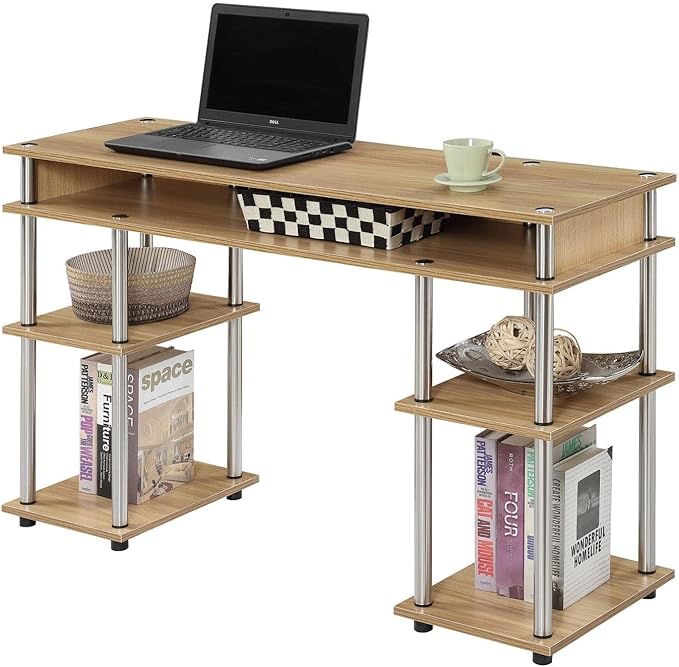 Convenience Concepts Designs2Go No Tools Desk Home Office Desk with Shelves Corner Shelf Vanity Desk Computer Desk Nail Table for Nail Tech - 47.25 L x 15.75 W x 30 H Light Oak