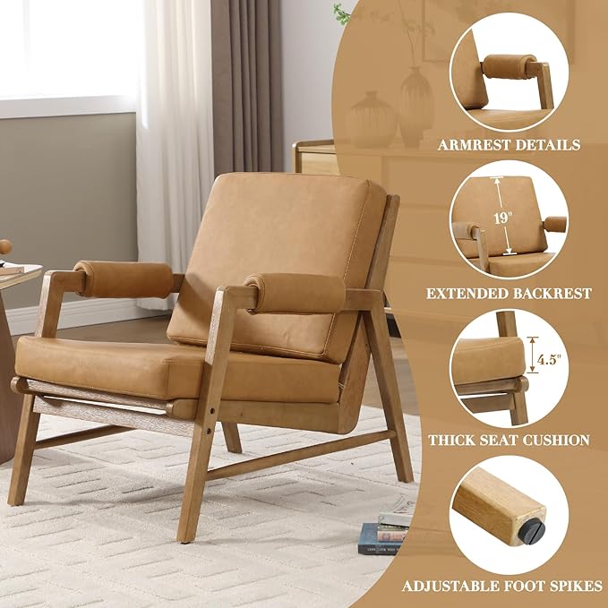 CIMOTA Mid Century Modern Accent Chair Set of 2 Leather Upholstered Living Room Chairs with Arms Comfy Reading Chair with Solid Wood Frame High Back for Bedroom Waiting Room Office Brown