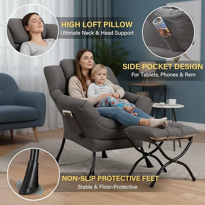 Lazy Chair with Ottoman Large Dark Grey Accent Chair with a Side Pocket Modern Leisure Upholstered Sofa Reading Armchair with Footrest for Office Bedroom Living Room Dorm Rooms Balcony