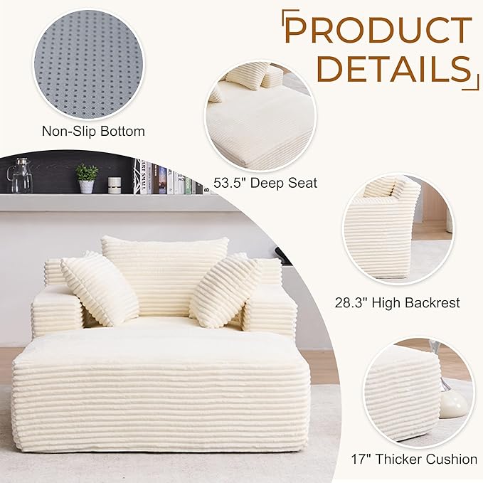 Avenix 66 Oversized Boneless Chaise Lounge Chair IndoorCorduroy Comfy Oversized Reading Chair Boneless Couch Bed ChairNo Assembly RequiredBeige