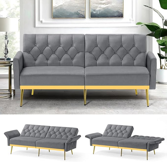 Velvet Sofa Bed w/Adjustable Armrests and Backrests Modern Convertible Sleeper Sofa Tufted Futon Sofa for Bedroom Living Room Apartment Grey