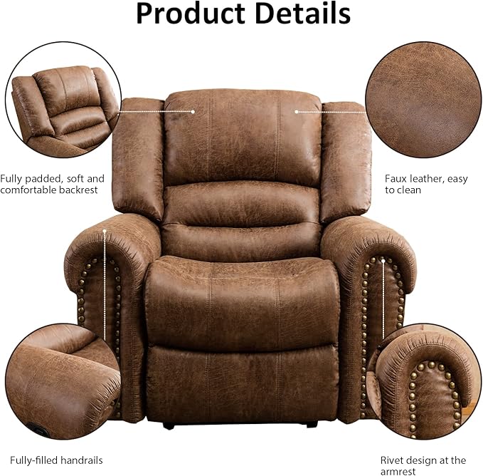 INZOY Leather Recliner Chair Heavy Duty Manual Reclining Sofa Single Lounge Sofa for Living Room Home Theater Seating Light Brown