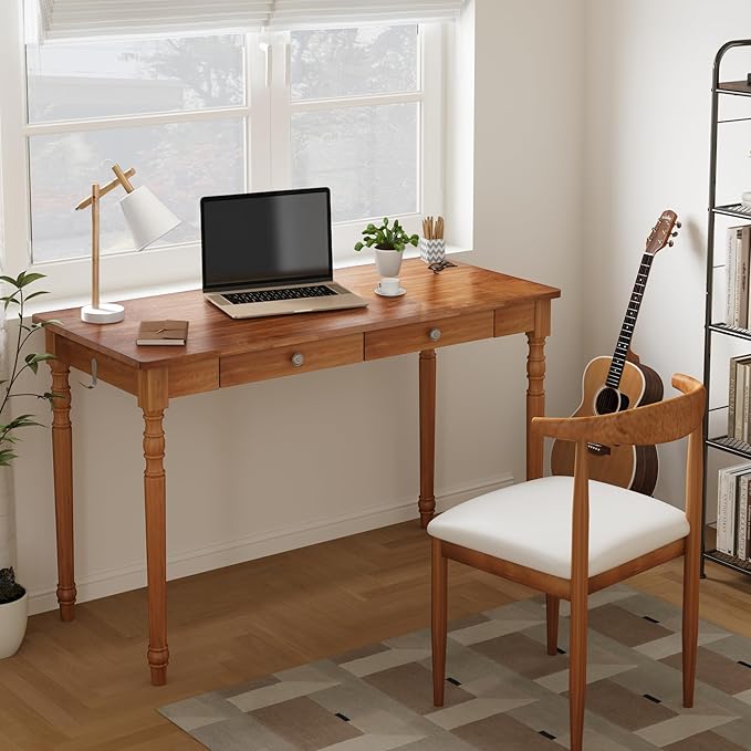 Mid Century Modern Desk 47 Vintage Solid Wood Desk with 2 Drawers Boho Writing Desk Computer Table for Home Office Bedroom Living Room