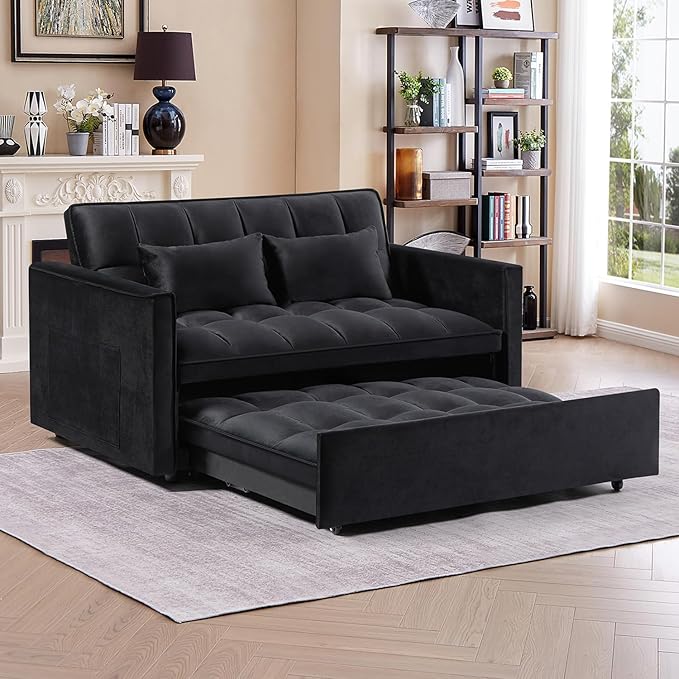 54 Convertible Sofa Bed Velvet Sleeper Sofa with Pull-Out Bed 3-in-1 Futon Couch with Reclining Backrest and Side Pocket Modern Loveseat for Living Room (Black)
