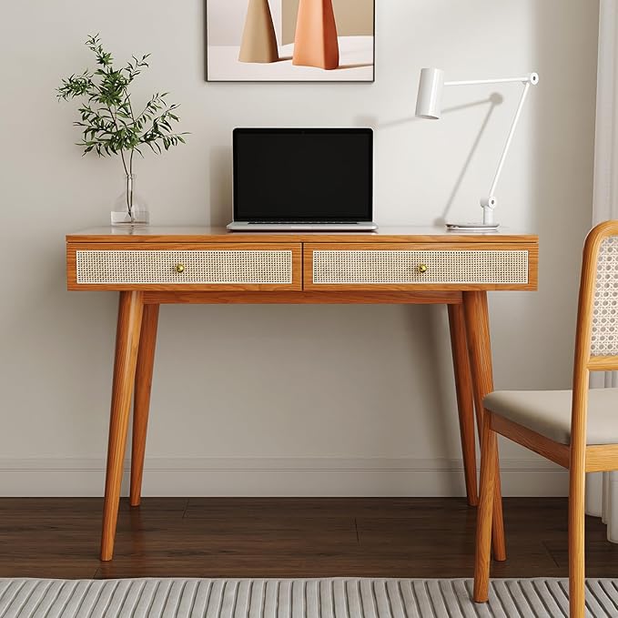 Mid-Century Modern Solid Wood Desk with Drawers – 45 inch Small Boho Rattan Writing Desk for Home Office Minimalist Design Natural Wood Legs Table for Workspace Elegance