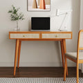 Mid-Century Modern Solid Wood Desk with Drawers – 45 inch Small Boho Rattan Writing Desk for Home Office Minimalist Design Natural Wood Legs Table for Workspace Elegance