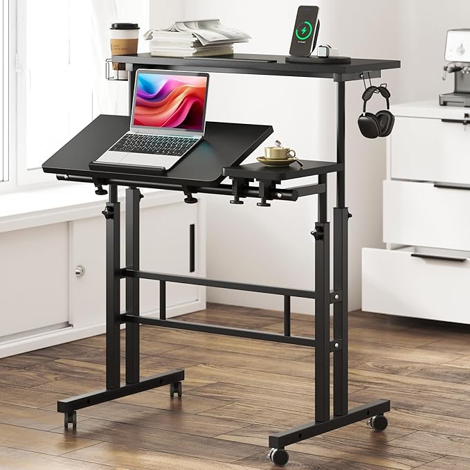 SDHYL 31.5 inches Movable Laptop Desk with Mouse Board Adjustable Height and Angle Anti-Slip Workstation Home Office Desk with Tablet Slot Portable Student Desk Black