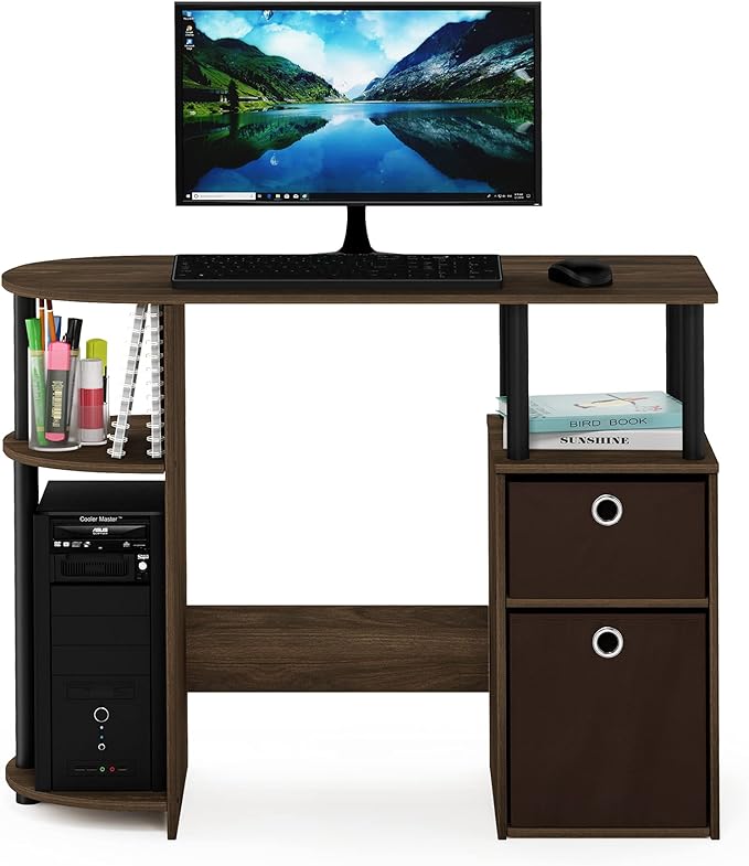 Furinno JAYA Desk 38.4 Wide Gaming Desk with Bin Drawers Computer Desk with Side Shelf Office Desk for Study Home Office Bedroom Dorm Study Room Columbia Walnut