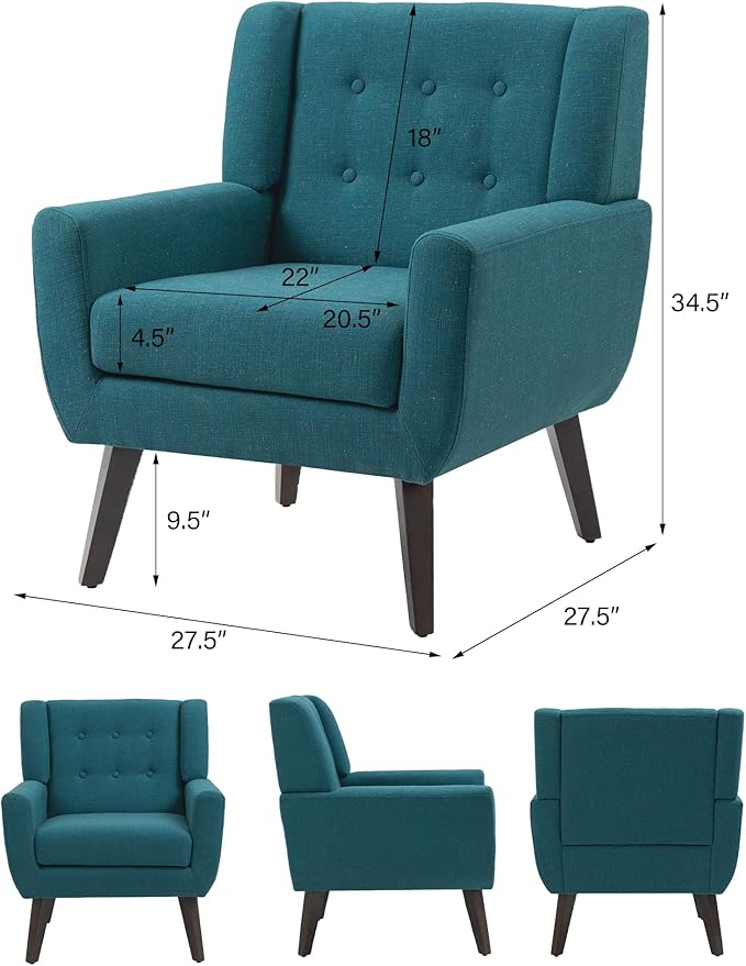 Accent Chair Mid-Century Modern Fabric Chairs with Arms for Living Room Comfy Upholstered Club Single Sofa Armchair for Bedroom Waiting Room with Solid Wood Frame (Fabric Turquoise Set of 2)