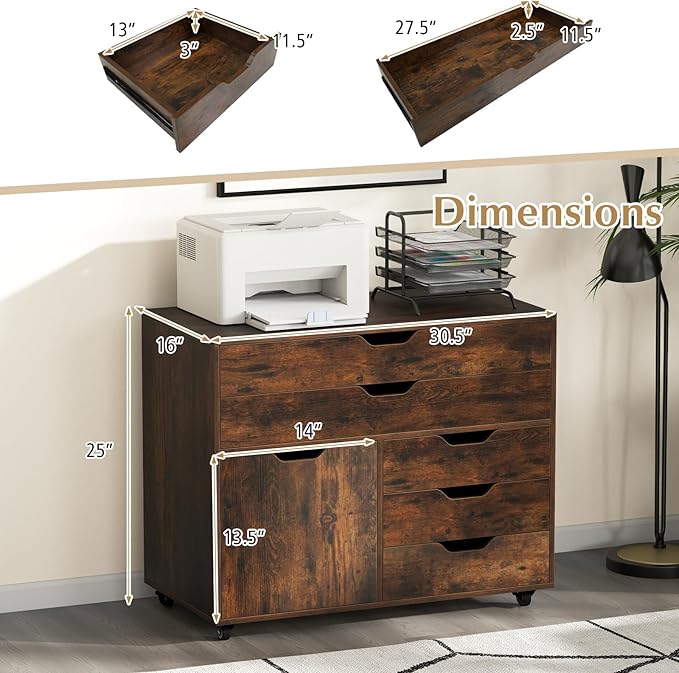 MAT EXPERT 5-Drawer Mobile File Cabinet w/Door Lateral Filing Cabinet w/5 Universal Wheels Rolling File Cabinets with Storage Modern Wood Printer Stand for Home Office Living Room (Rustic Brown)