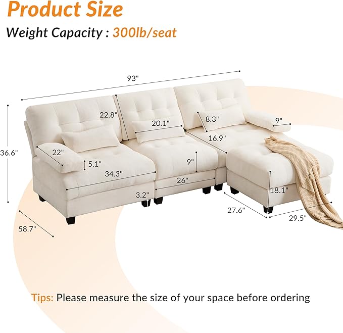 93'' Modular Sectional Sleeper Sofa with 1 OttomanDeep Seat Cloud Couch L Shaped Sofa camaConvertible Upholstered Comfy Chenille Sectional Sofa for Living RoomBedroom(Lvory)